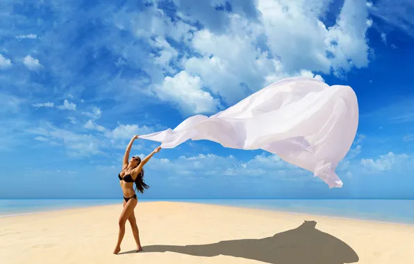 Картинка песок, пляж, купальник, небо, девушка, облака, черный, модель