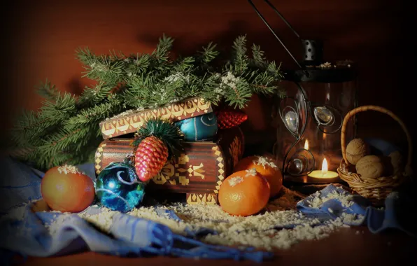 Картинка зима, снег, праздник, елка, новый год, рождество, фонарь, шкатулка