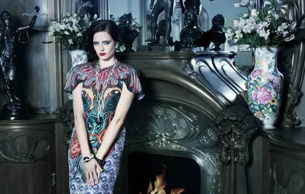 Комната, платье, статуэтка, камин, Ева, весы, Eva Green, Грин