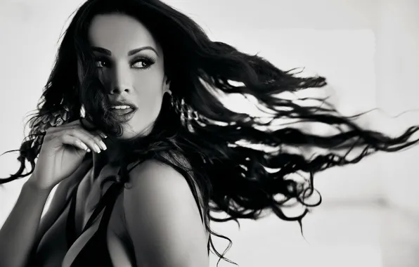 Beautiful, model, perfect, hair, brunette, black and white, look, dancing
