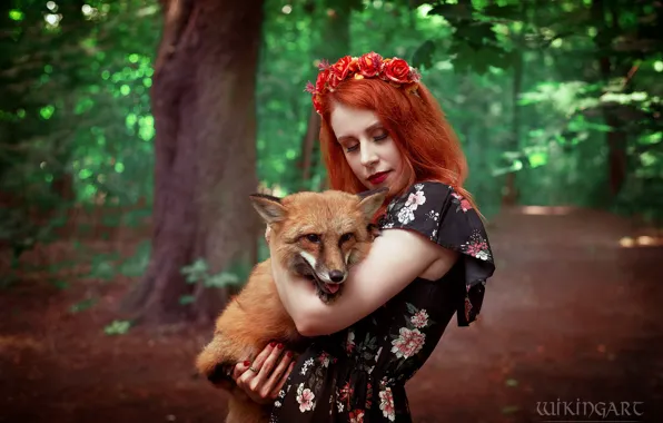 Лес, девушка, природа, парк, листва, макияж, платье, лиса
