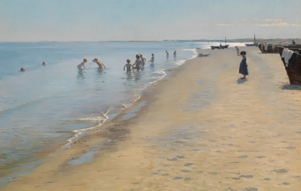Картинка песок, море, пляж, небо, дети, лодка, картина, купание