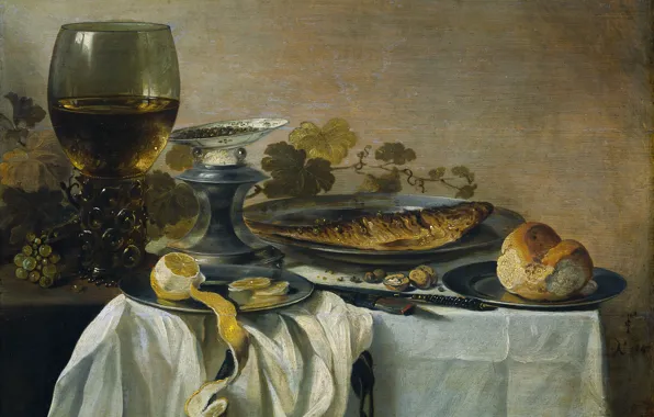 Картинка лимон, бокал, еда, рыба, картина, Натюрморт, Питер Клас