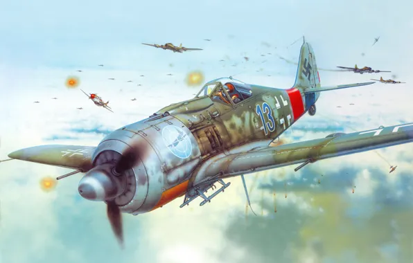 Картинка самолет, рисунок, истребитель, Luftwaffe, люфтваффе, Фокке-Вульф, Focke-Wulf, FW190A