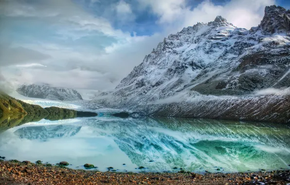 Картинка облака, горы, озеро, отражение, камни, ледник