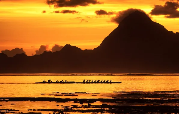 Картинка море, горы, лодка, Таити, Французская Полинезия, Острова Общества