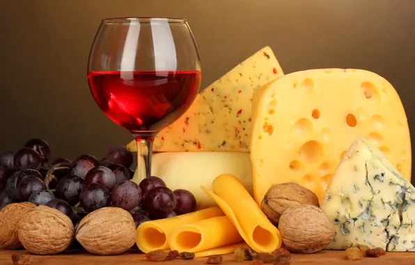 Картинка вино, красное, бокал, сыр, виноград, орехи, изюм