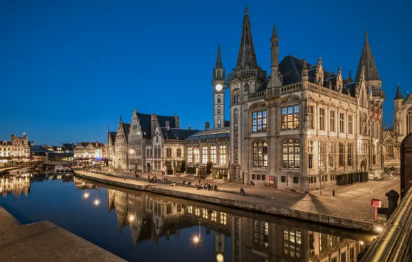 Картинка огни, вечер, Бельгия, водный канал, Гент