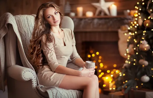 Картинка девушка, огни, дом, тепло, комната, елка, новый год, Ольга Бойко
