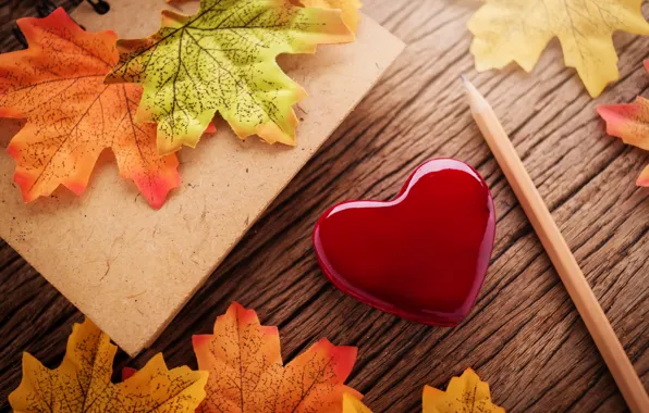 Осень, листья, любовь, сердце, red, love, heart, wood