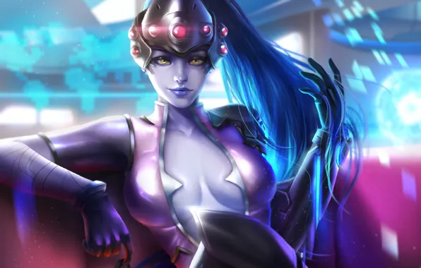 Девушка, очки, шлем, сидя, overwatch