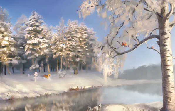 Картинка зима, снег, деревья, пейзаж, река, земля, лиса, лис