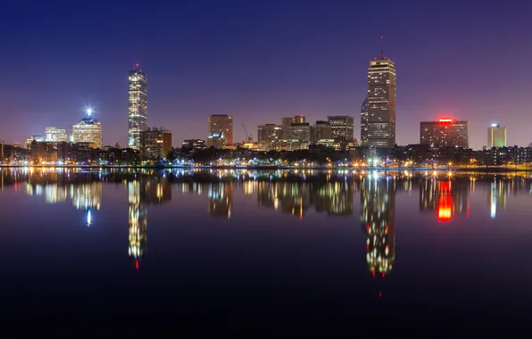 Ночь, город, огни, отражение, океан, панорамма, Boston skyline