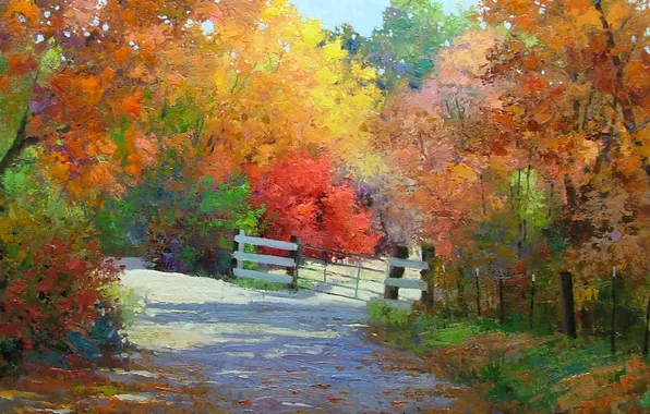 Картинка дорога, осень, деревья, забор, ворота