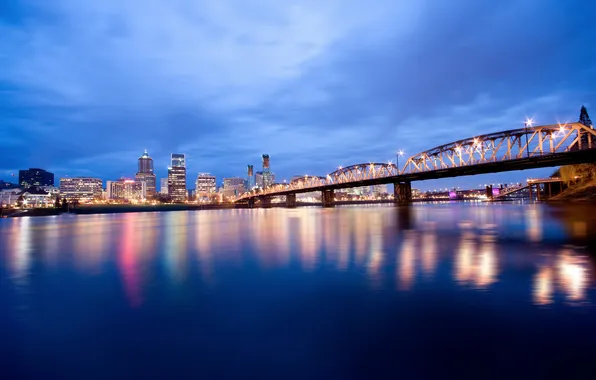 Картинка небо, мост, огни, река, вечер, освещение, Орегон, Портленд