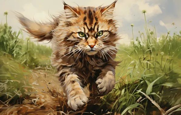 Поле, кошка, лето, трава, кот, взгляд, морда, природа