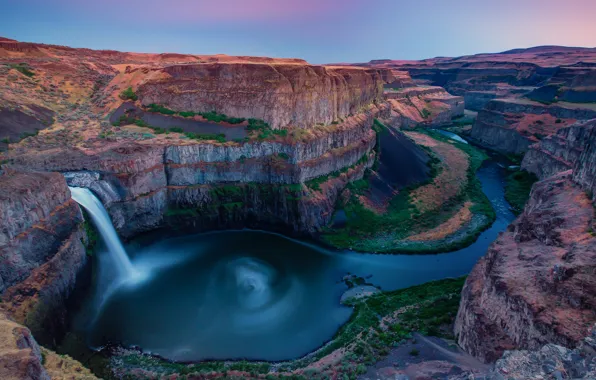 Картинка закат, река, водопад, каньон, USA, Washington, Palouse Falls State Park