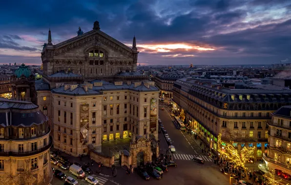 Картинка Франция, Париж, здания, дороги, дома, вечер, Paris, Опера Гарнье