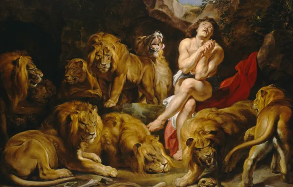 Картинка животные, картина, Питер Пауль Рубенс, мифология, Pieter Paul Rubens, Даниил во Рву со Львами