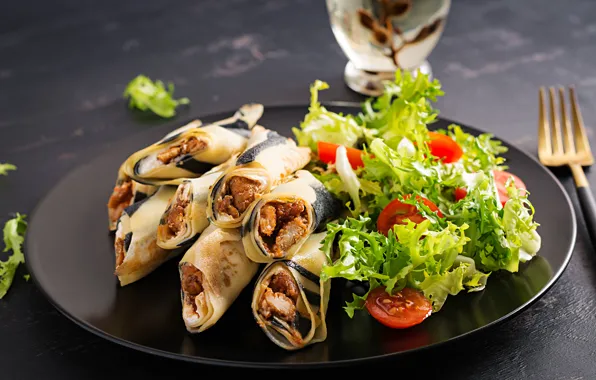 Блины, помидоры, салат, с мясом, блинчики с мясом