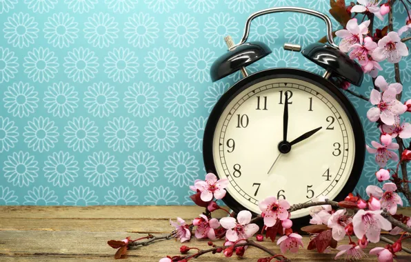 Картинка время, часы, ветка, будильник, цветки