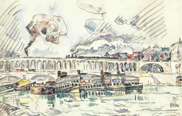 Рисунок, акварель, 1927, Поль Синьяк, Paul Signac, The Viaduct and Mouche Bridge at Auteuil