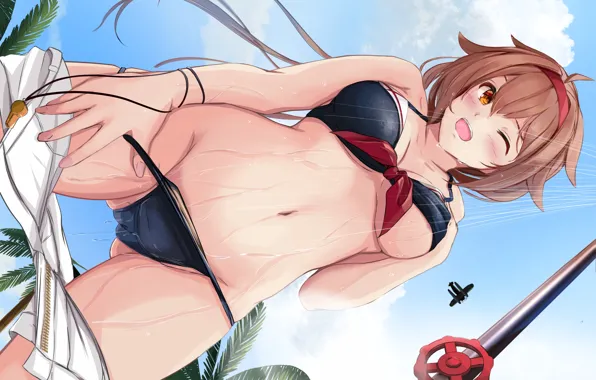Girl, sexy, wet, cleavage, shorts, brown hair, boobs, anime