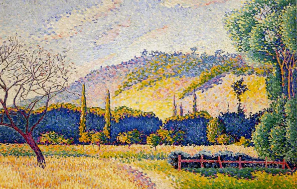 Картинка осень, трава, деревья, горы, природа, картина, Пейзаж, Анри Эдмон Кросс