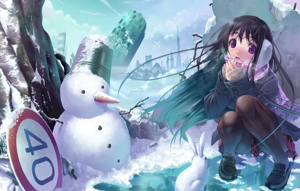 Картинка зима, снег, город, знак, аниме, девочка, снеговик, руины