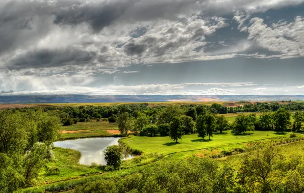 Поле, небо, облака, деревья, пейзаж, река, холмы
