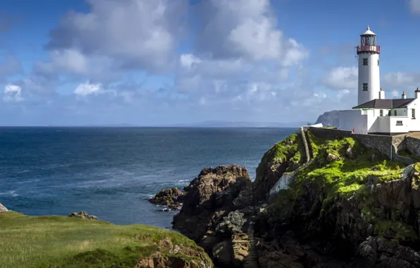 Картинка океан, побережье, маяк, Ирландия, Ireland, Атлантический океан, Atlantic Ocean, Fanad Head Lighthouse