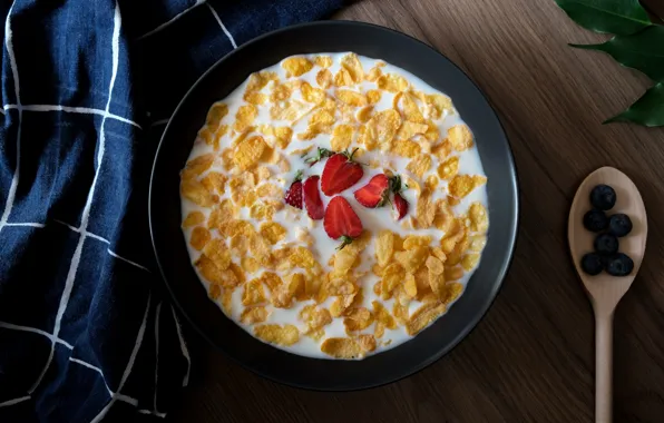 Ягоды, полотенце, молоко, клубника, миска, кукурузные хлопья
