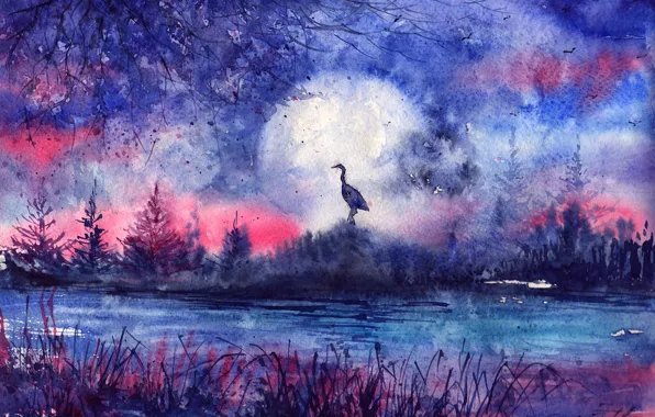 Картинка трава, закат, река, дерево, птица, луна, вечер, силуэт