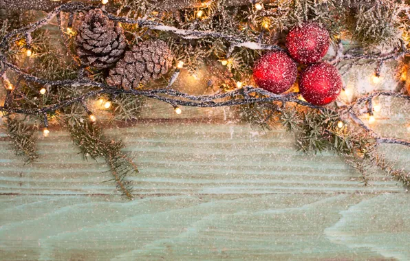 Картинка снег, шары, елка, Новый год, гирлянда, Christmas, шишки, snow