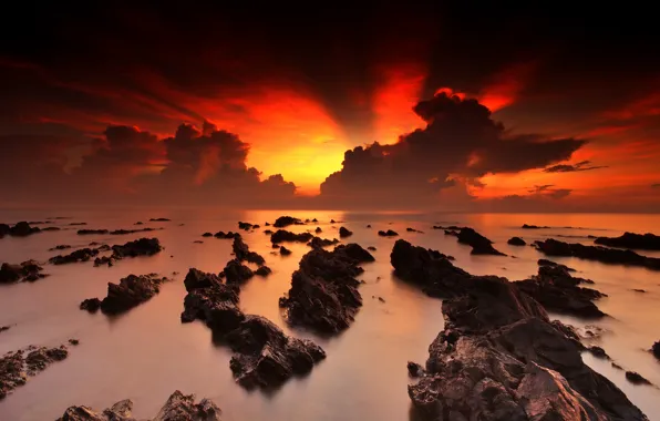 Море, скалы, sea, rocks, orange sky, Оранжевое небо