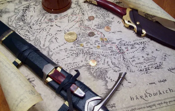 Картинка карта, кинжал, sword, Властелин Колец, монеты, Дж. Р. Р. Толкин, The Lord of the Rings, …