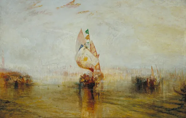 Картинка лодка, картина, акварель, парус, морской пейзаж, Уильям Тёрнер, The Sun of Venice Going to Sea
