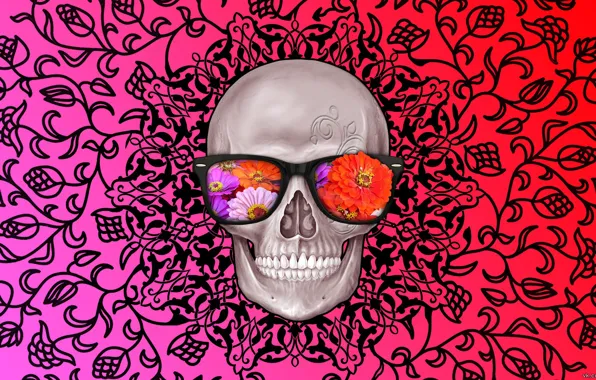 Цветы, абстракция, узор, Череп, очки, интересное, rayban