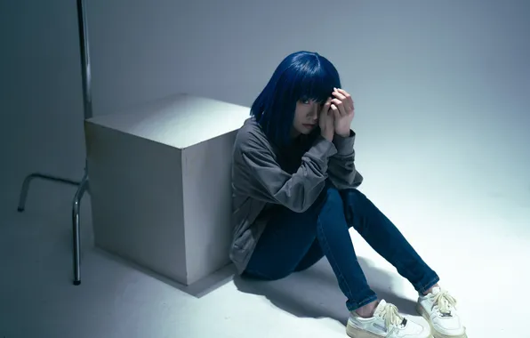 Cube, Asian, Model, Lights, Denim, Woman, Jeans, Sitting