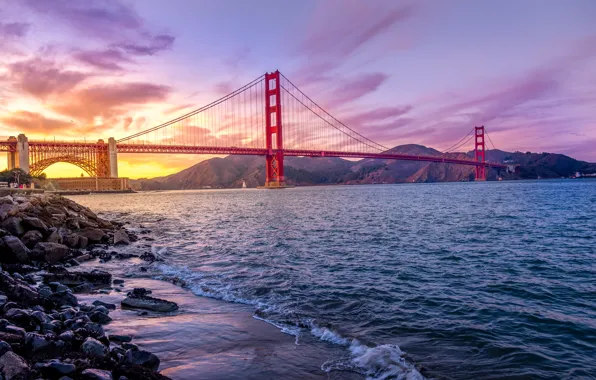 USA, Golden Gate Bridge, United States, river, sky, sunset, water, California