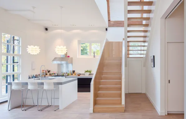 Interior, hallway, design. villa, modern kitchen, wood staircase