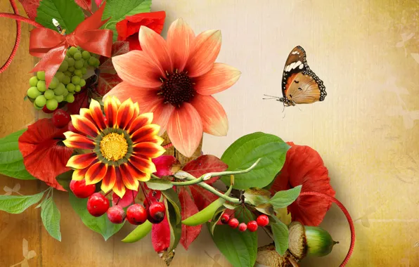 Картинка цветы, природа, ягоды, коллаж, бабочка, желудь
