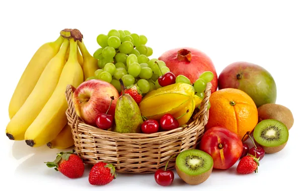 Картинка киви, гранат, ягоды, белый фон, фрукты, апельсин, корзина, груша