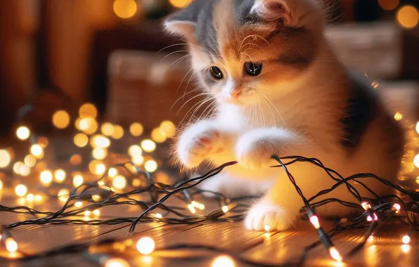 Кошка, взгляд, огни, поза, котенок, игра, Рождество, Новый год