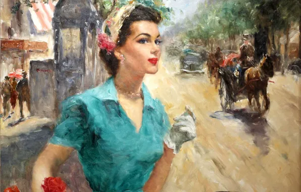 Картинка красавица, красные розы, Жанровая живопись, Аннабелла, молодая парижанка-2, Пал Фрид
