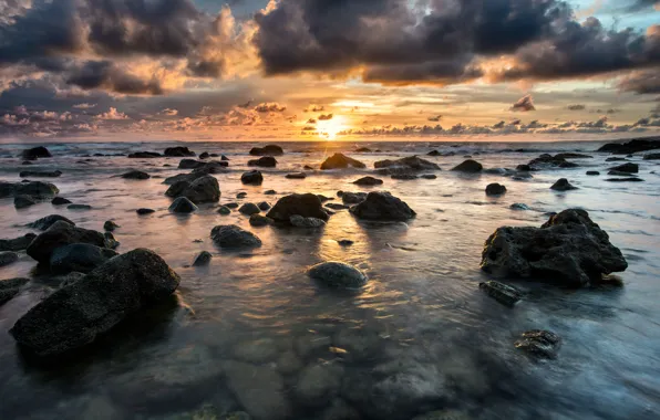 Море, волны, облака, закат, скалы, waves, sea, sunset