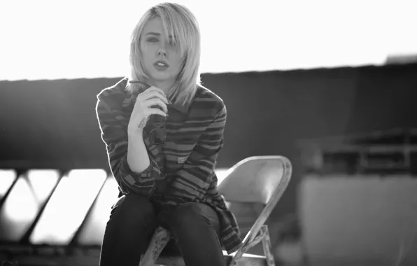 Girl, woman, model, chair, tattoo, black and white, blonde, tattoos