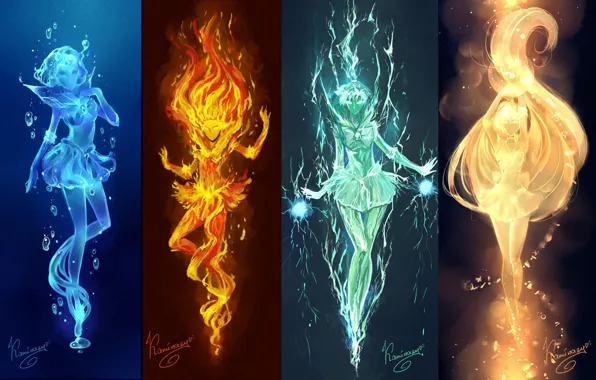 Картинка вода, свет, девушки, огонь, стихии, аниме, арт, электричество