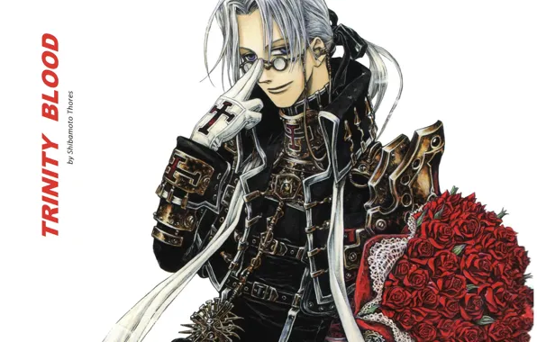Крест, букет, перчатки, trinity blood, военная форма, Abel Nightroad, кровь триединства, алые розы
