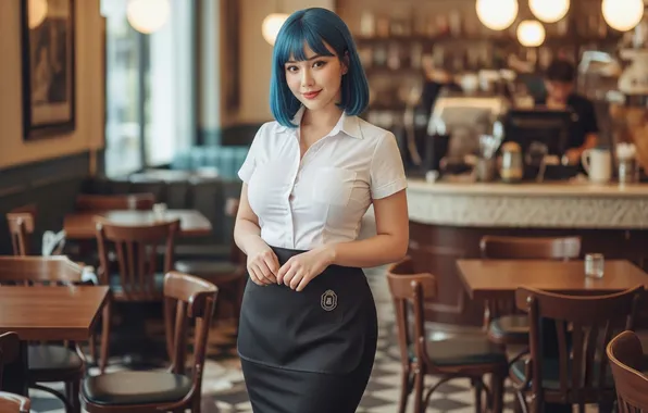 Asian, dress, smiling, shirt, restaurant, blue hair, waitress, AI art